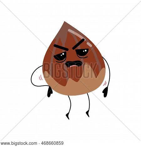 Funny Hazelnut With Cute Face Cartoon Illustration. Hazelnut, Hazelnut Standing. Vegan Or Vegetarian