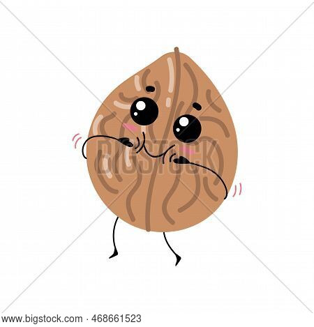 Funny Walnut In Shell With Cute Face Standing Cartoon Illustration. Walnut In Shell, Walnut Standing