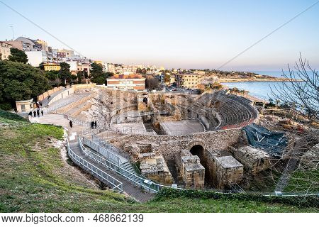 Tarragona - Catalonia, Spain - December 28th Of 2022: Roman Amphitheater Of Tarragona, Tarraco In Th