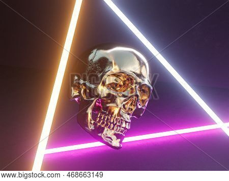 The Skull Is Golden In Color On An Abstract Background Consisting Of Multi-colored Luminous Lines. 3