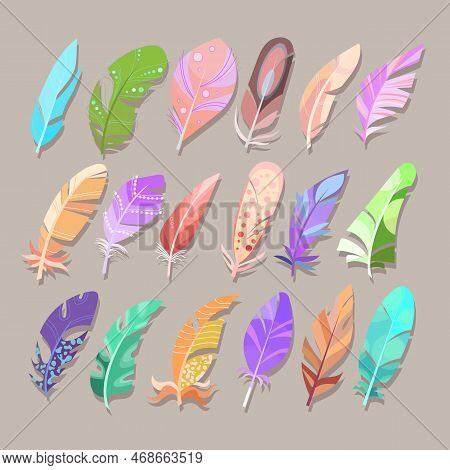 Feathers Or Quills Of Different Colors Vector Illustrations Set. Cartoon Drawings Of Various Colorfu