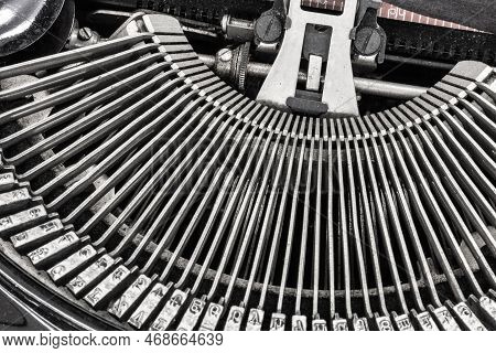 Antique Typewriter With Traditional Typebars. Before Text Messaging, People Used Typewriters To Comm