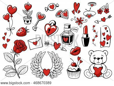 Valentine Day Elements Set. Ink Handmade Style. Black-white-red Hearts, Flowers, Jewelry, Feminine A