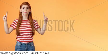 Hesitant Upset Cute Redhead Woman Weighing Choices Look Doubtful Uncertain, Frowning Thoughtful, Pon
