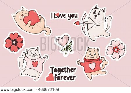 Collection Stickers Cats In Love. Cute Cupid Kitten And Happy Pets With Heart And Flowers. Vector Il