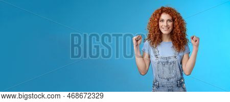 Motivated Determined Self-assured Attractive Redhead Cheerful Girl Clench Fists Empowered Woman Assu