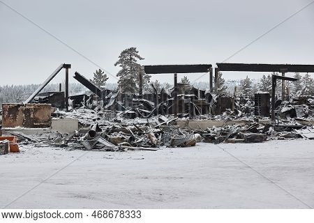 Burnt Down Of Shopping Center In Finnish Lapland. Ruins Remain After The Devastating Fire