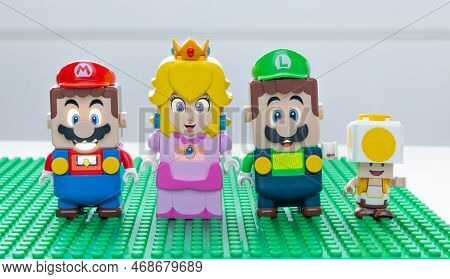 Calgary, Alberta, Canada. Jan 11, 2023. Lego Mario, Peach And Luigi Figures Interactive Brick Game