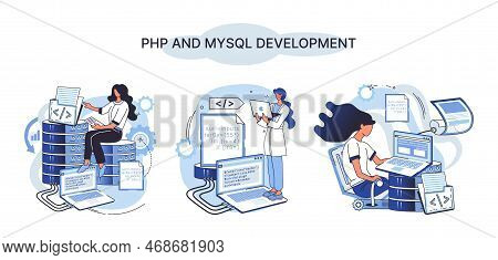 Php And Mysql Development Metaphor. Software Website Developer With Computer, Programmer Service, Op