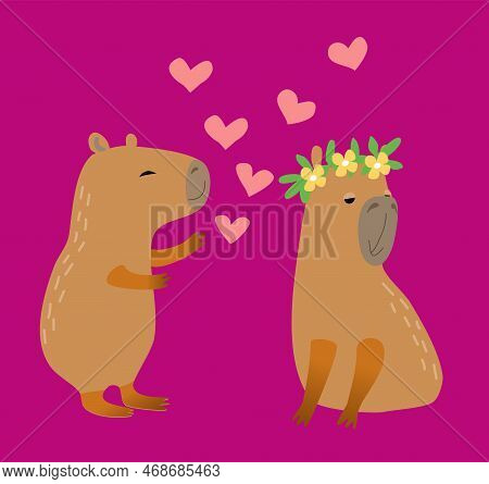 Greeting Card With Cute Capibaras In Love, Cartoon Flat Vector Illustration. Valentines Day