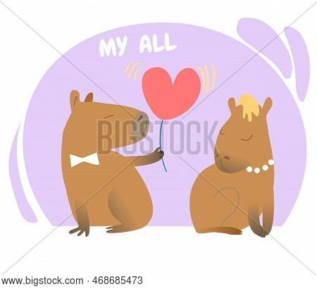 Greeting Card With Cute Capibaras In Love, Cartoon Flat Vector Illustration. Valentines Day
