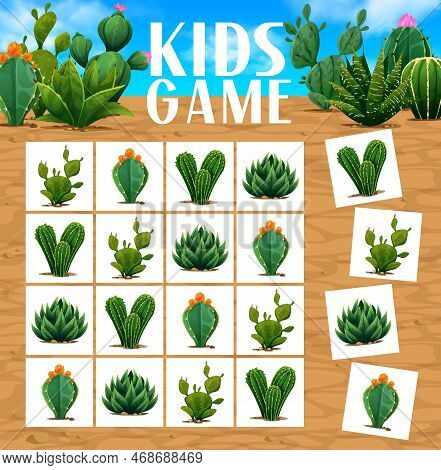 Sudoku Game Mexican Prickly Cactus Succulents. Vector Kids Riddle With Cartoon Cacti On Chequered Bo