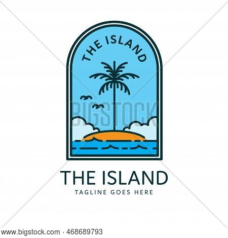 Tropical Island Line Logo With Palm Tree Vector Illustration, Palm Tree Island Wave Bird Line Art Mi