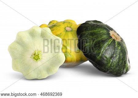 Three Fresh Different Pattypan Squashes On White Background