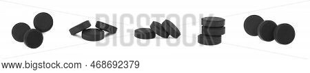 Set With Activated Charcoal Pills On White Background, Banner Design. Potent Sorbent