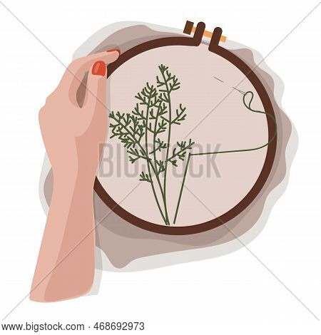 Illustration Of Fabric With Embroidery Frame, Embroidery And By Hand. Embroidery In The Hands On A W