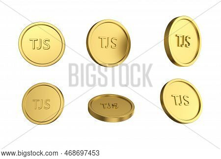 3d Illustration Set Of Gold Somoni Coin In Different Angels On White Background