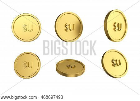 3d Illustration Set Of Gold Uruguayan Peso Coin In Different Angels On White Background