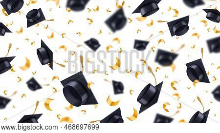 Graduation Caps Thrown In Air. Flying Graduate Students Hats With Golden Confetti, Education Realist