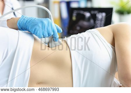 Woman Undergoes Ultrasound Scan Of Kidneys And Internal Organs In Clinic. Chronic Kidney Disease And