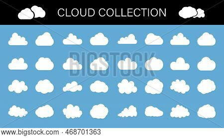 Collection Of White Puffy Cloud Symbols Isolated On Blue Background, Icon Set Vector Illustration