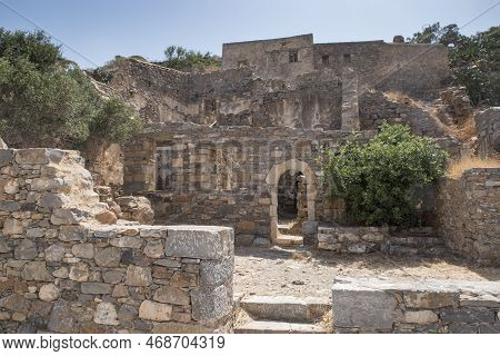 Dilapidated Houses And Ruins On Spinalonga Island In Crete