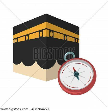 Compass Leading To Kaaba Or Black Stone Vector Illustration. Cartoon Drawing Of Ancient Islam Buildi