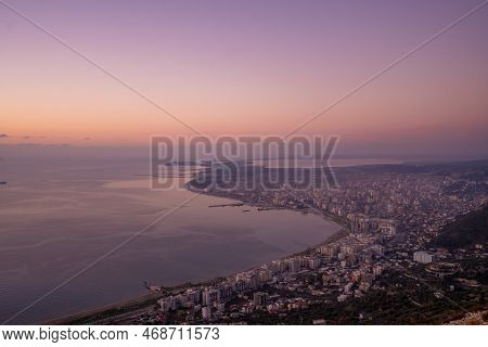 Attractive Spring Cityscape Of Vlore City From Kanines Fortress. Captivating Morning Sescape Of Adri