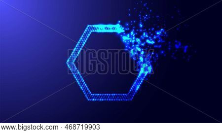 Blue Hexagonal Shapes From Small Pices. Nanotechnology Abstract Particles Background With Neon Glowi