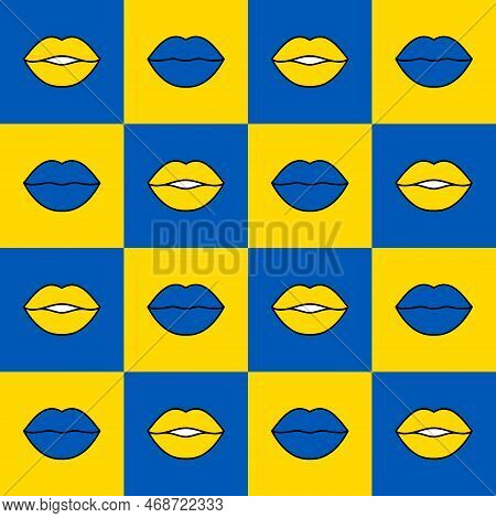 Seamless Vector Pattern With Colored Lips. Yellow And Blue Elements In The Squares. Fashion Backgrou