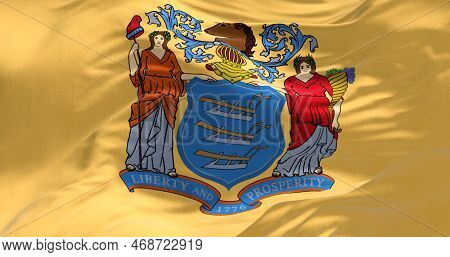Close-up Of The New Jersey State Flag. Coat Of Arms On Buff Background. Us State. Rippled Fabric. Te