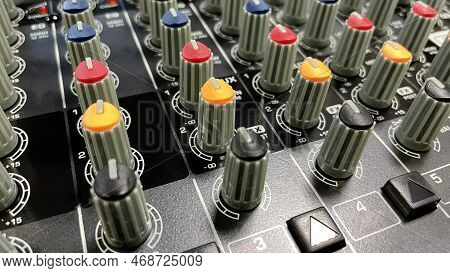 Audio Mixer, Remote Control Dj. Buttons On The Remote Control To Control The Sound. Close-up Of The