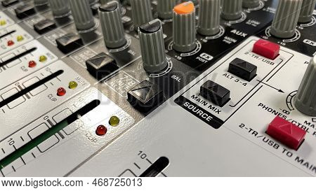 Audio Mixer, Remote Control Dj. Buttons On The Remote Control To Control The Sound. Close-up Of The