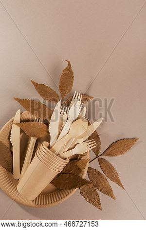 Disposable Tableware From Natural Materials, Wooden Spoon, Fork, Knife. Biodegradable Plate, Compost