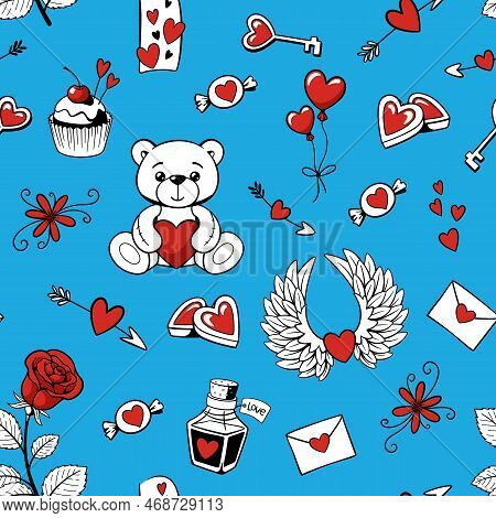 Love Elements Seamless Vector Pattern For Valentines Day. Doodle Ink Hand Drawn Style Background Wit