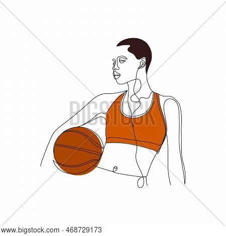 Basketball Player. Girl Hold The Ball. One Continuous Line Drawing Style. Vector Illustration.