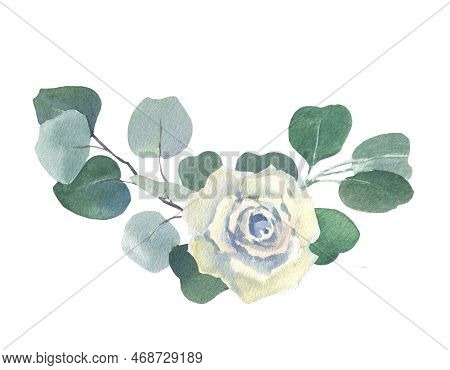 Funeral Floral Arrangement, White Flowers Rose And Eucalyptus Wreath, Hand Drawn Watercolor Illustra