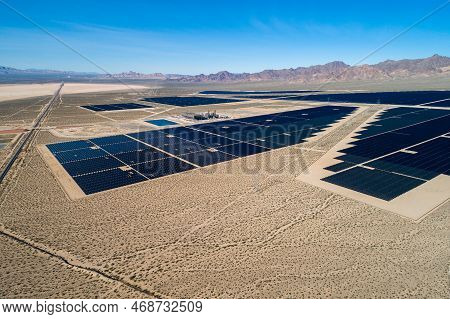 Solar Panel Produces Green, Environmentaly Friendly Energy From The Setting Sun. Aerial View From Dr