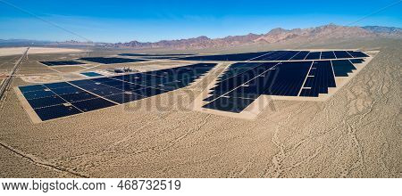 Solar Panel Produces Green, Environmentaly Friendly Energy From The Setting Sun. Aerial View From Dr