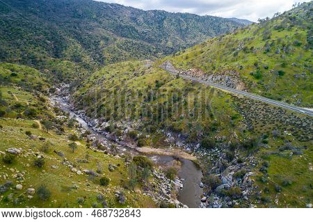 Kern River And California State Road 178 In Background. Usa