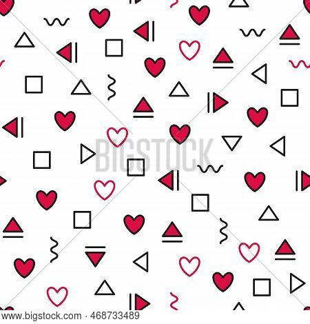 Doodle Memphis Seamless Geometric Pattern With Hearts. Stylish Minimalistic Pattern Of Lines, Geomet