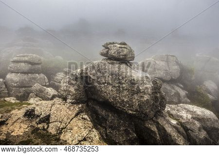 El Torcal De Antequera In Dense Fog, Malaga, Spain. Unusual Stunning Rock Formation