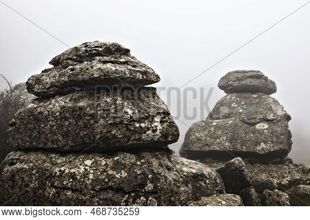 El Torcal De Antequera In The Fog, Malaga, Spain. Unusual Stunning Rock Formation
