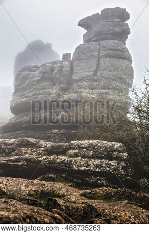 El Torcal De Antequera In The Fog, Malaga, Spain. Unusual Stunning Rock Formation