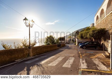 Road In Touristic Town, San Lazzaro, On Mountain Landscape By The Tyrrhenian Sea. Amalfi Coast, Ital