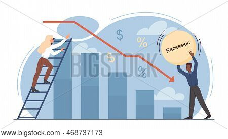 Drop Statistics Concept. Man And Woman Near Falling Graph. Crisis And Recession, Financial Problems 