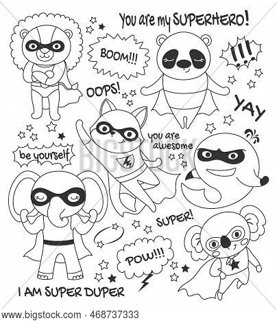 Superheroes Line Set. Lion, Elephant, Fox And Panda. Minimalist Creativity Or Art. Fantasy And Imagi