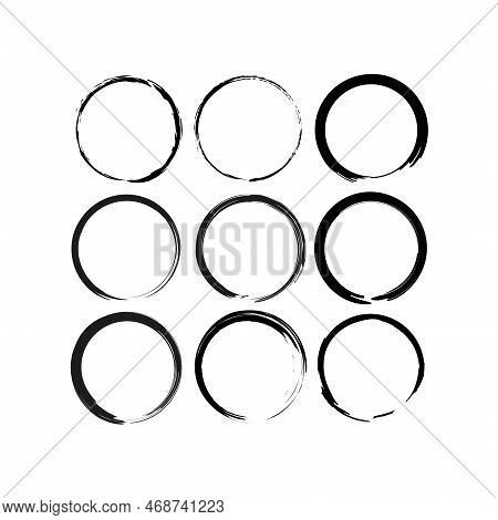 Brush Circles In Line Art Style. Round Frame Set. Grunge Texture. Vector Illustration. Stock Image.