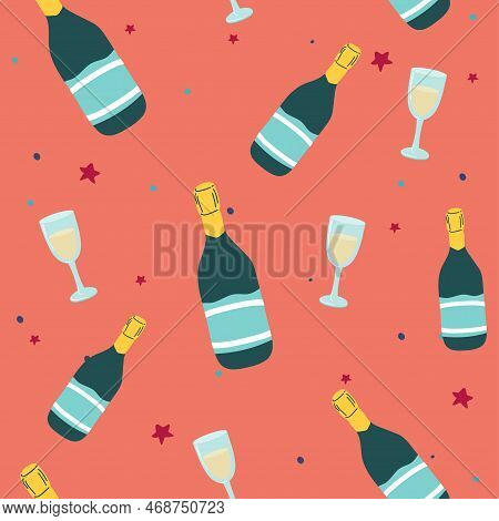 Champagne, Prosecco, Cava Celebration, New Year, Seamless Vector Pattern, Background