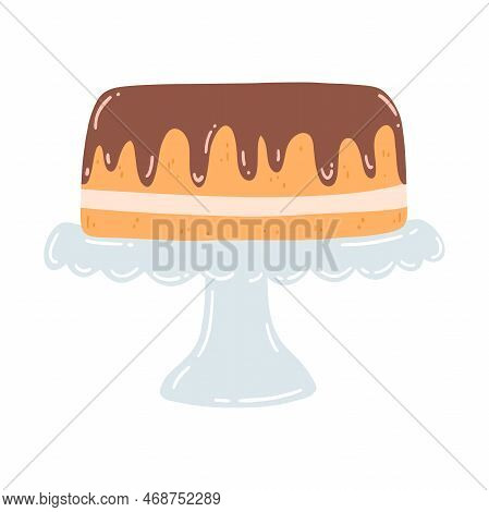 Cake On A Stand In Flat Style. Hand Drawn Vector Illustration Of Chocolate Cake With Cream, Sweet De